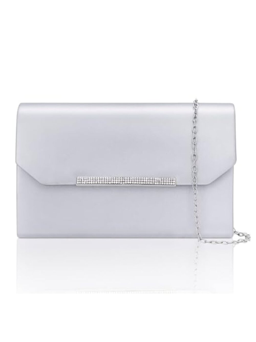 Metallic Faux Leather Clutch Evening Bag with Crystal Accent & Chain Strap